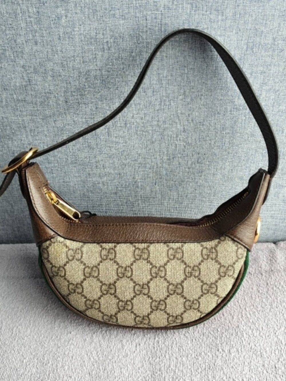 Gucci Brown GG Supreme Crescent Shoulder Bag with Gold Hardware